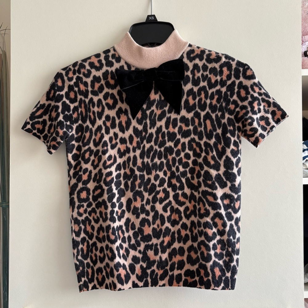 NWT Kate Spade Leopard Animal Print Sweater Top short sleeve pink brown XXS P 0